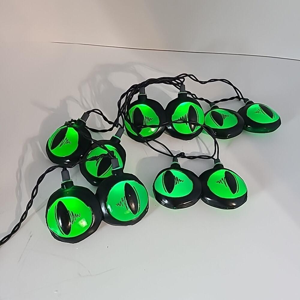 Halloween Spooky String Lights Black Cat Green Eyes Creepy Blow Mold 6ft